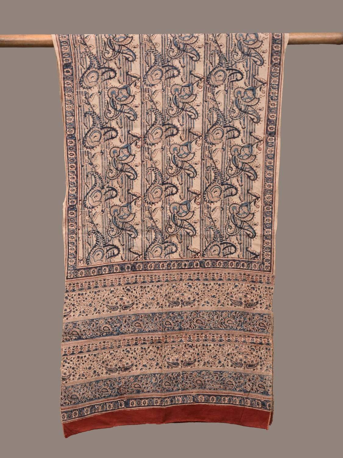 Cream and Blue Kalamkari Block Printed Cotton Handloom Stole ds2243