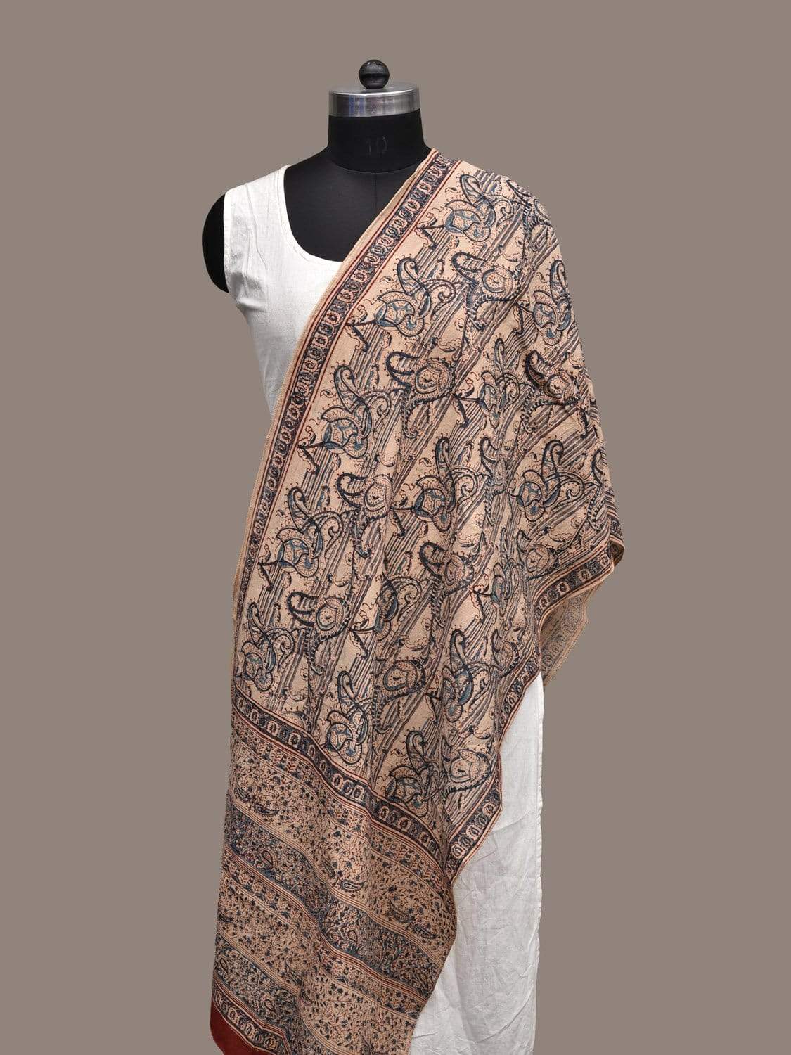 Cream and Blue Kalamkari Block Printed Cotton Handloom Stole ds2243