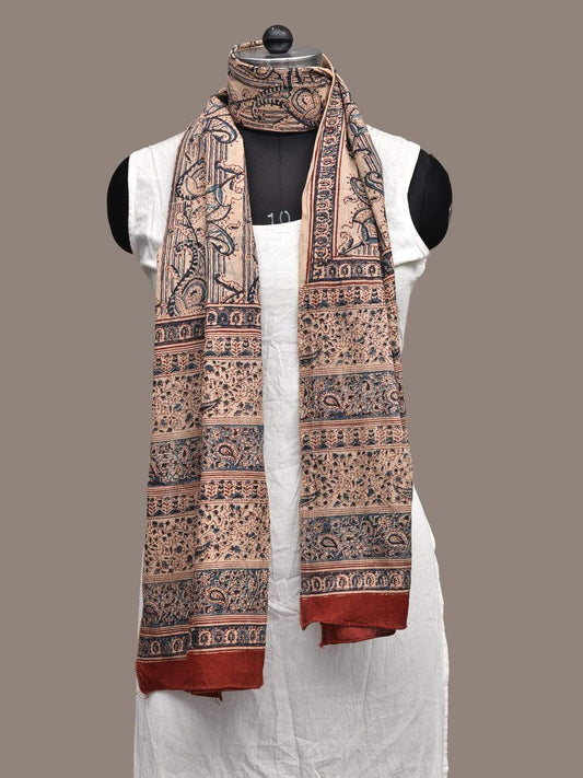 Cream and Blue Kalamkari Block Printed Cotton Handloom Stole ds2243
