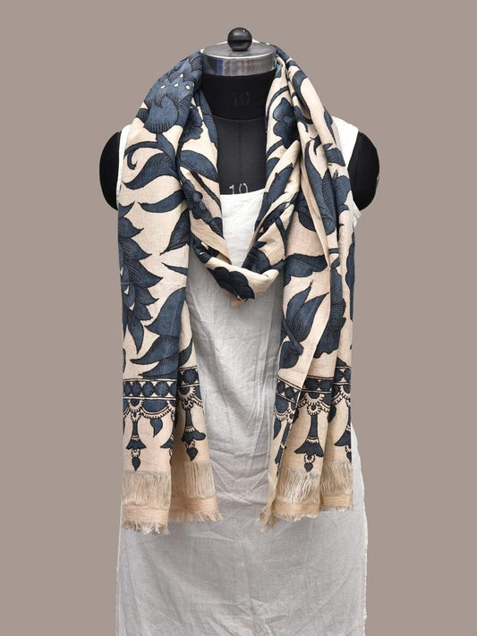 Cream and Blue Kalamkari Hand Painted Cotton Handloom Dupatta with Birds and Flowers Design ds2229