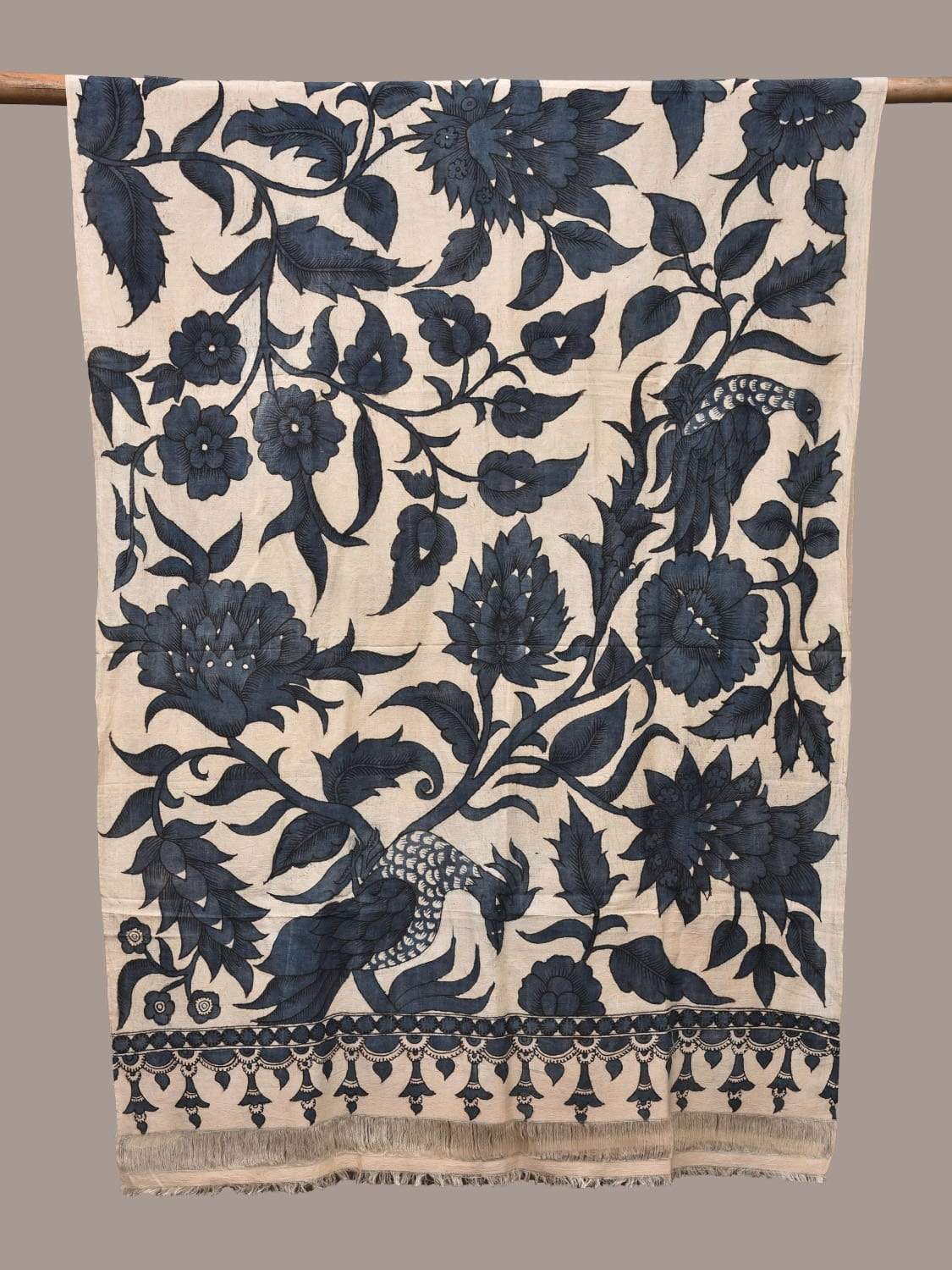 Cream and Blue Kalamkari Hand Painted Cotton Handloom Dupatta with Birds and Flowers Design ds2229
