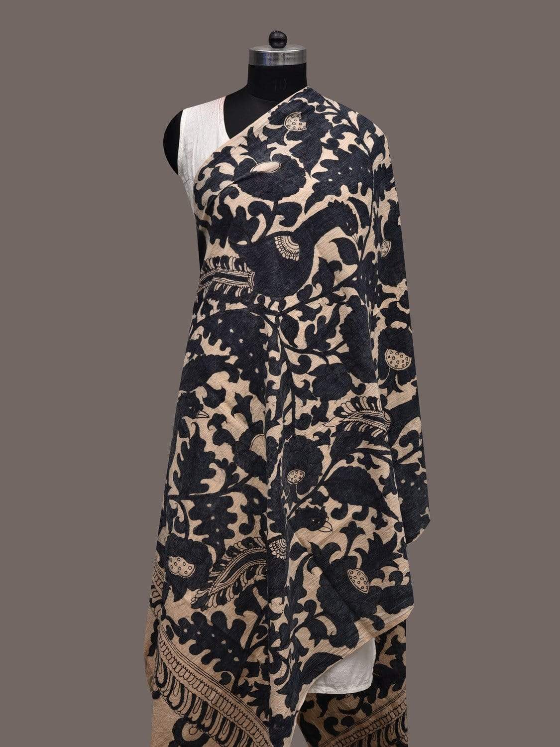 Cream and Blue Kalamkari Hand Painted Cotton Handloom Dupatta with Peacocks Design ds2365