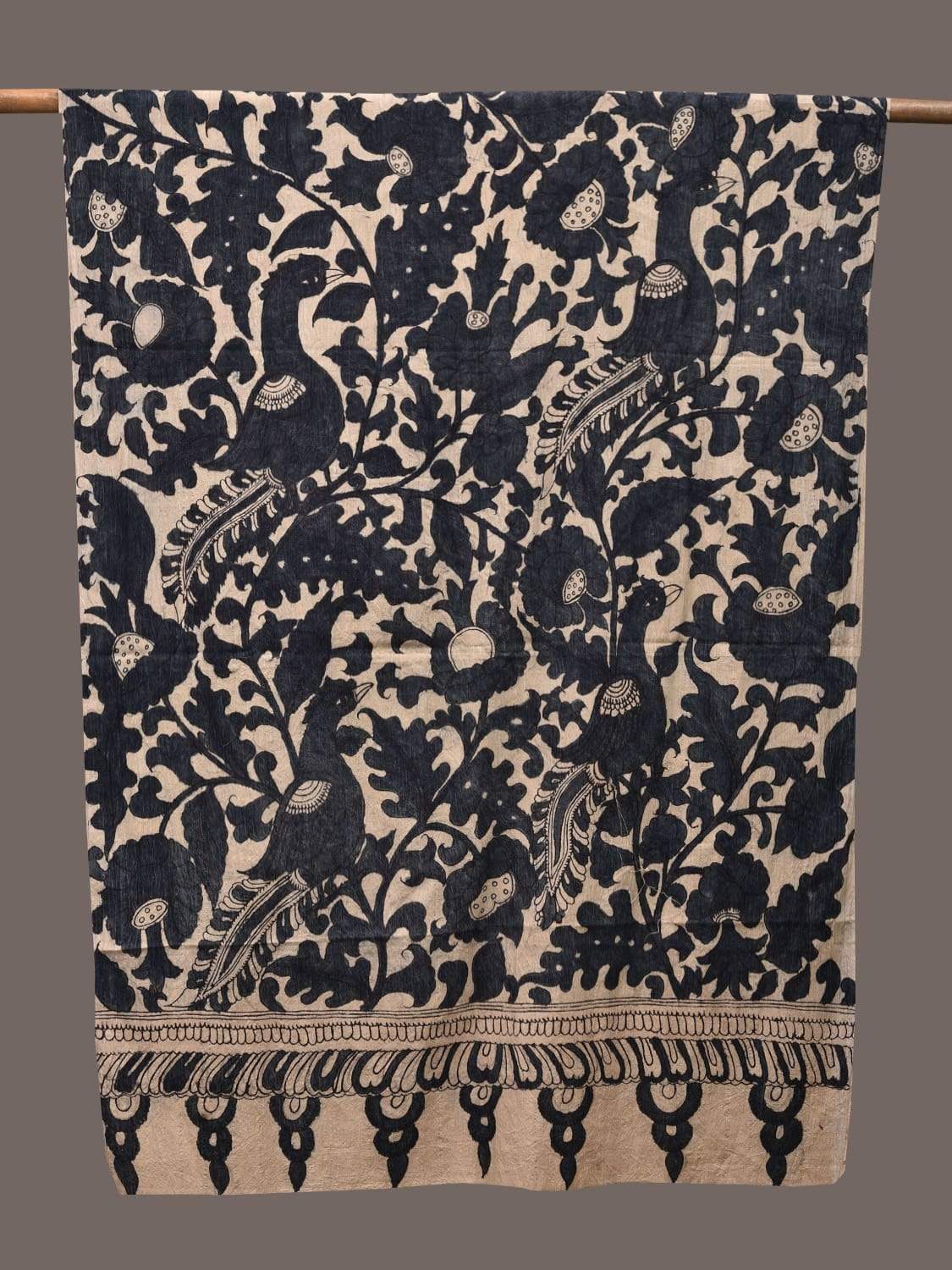 Cream and Blue Kalamkari Hand Painted Cotton Handloom Dupatta with Peacocks Design ds2365