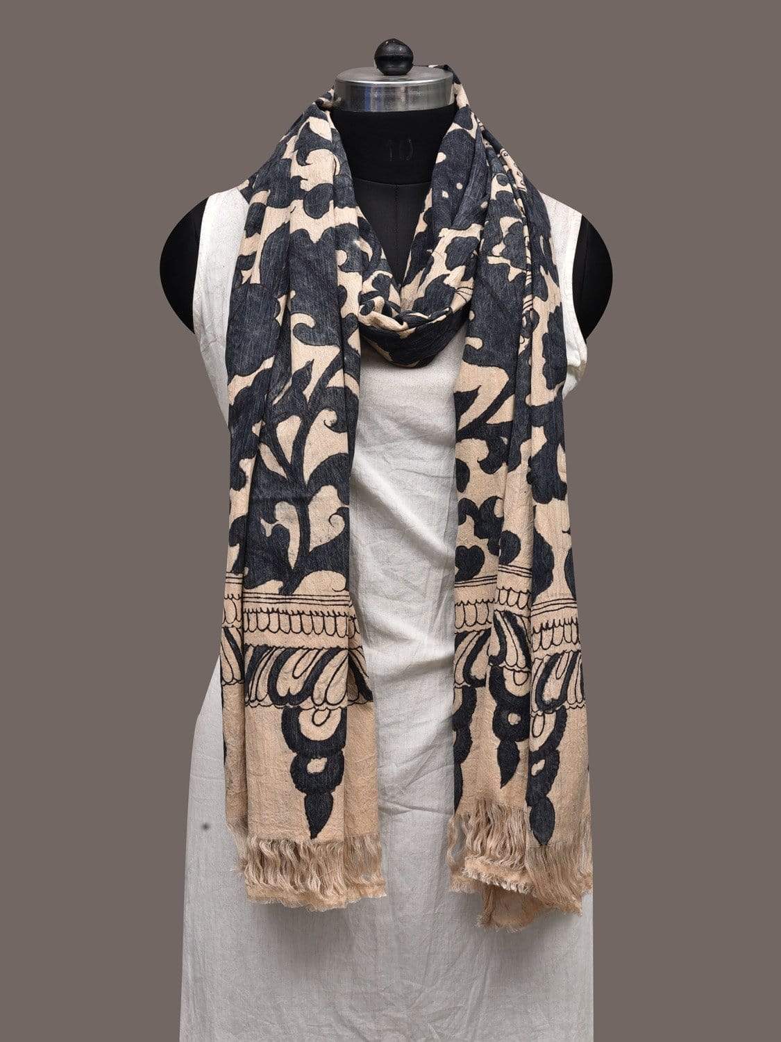 Cream and Blue Kalamkari Hand Painted Cotton Handloom Dupatta with Peacocks Design ds2365