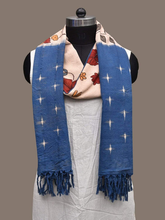 Cream and Blue Kalamkari Hand Painted Ikat Cotton Handloom Dupatta with Floral Design ds2279