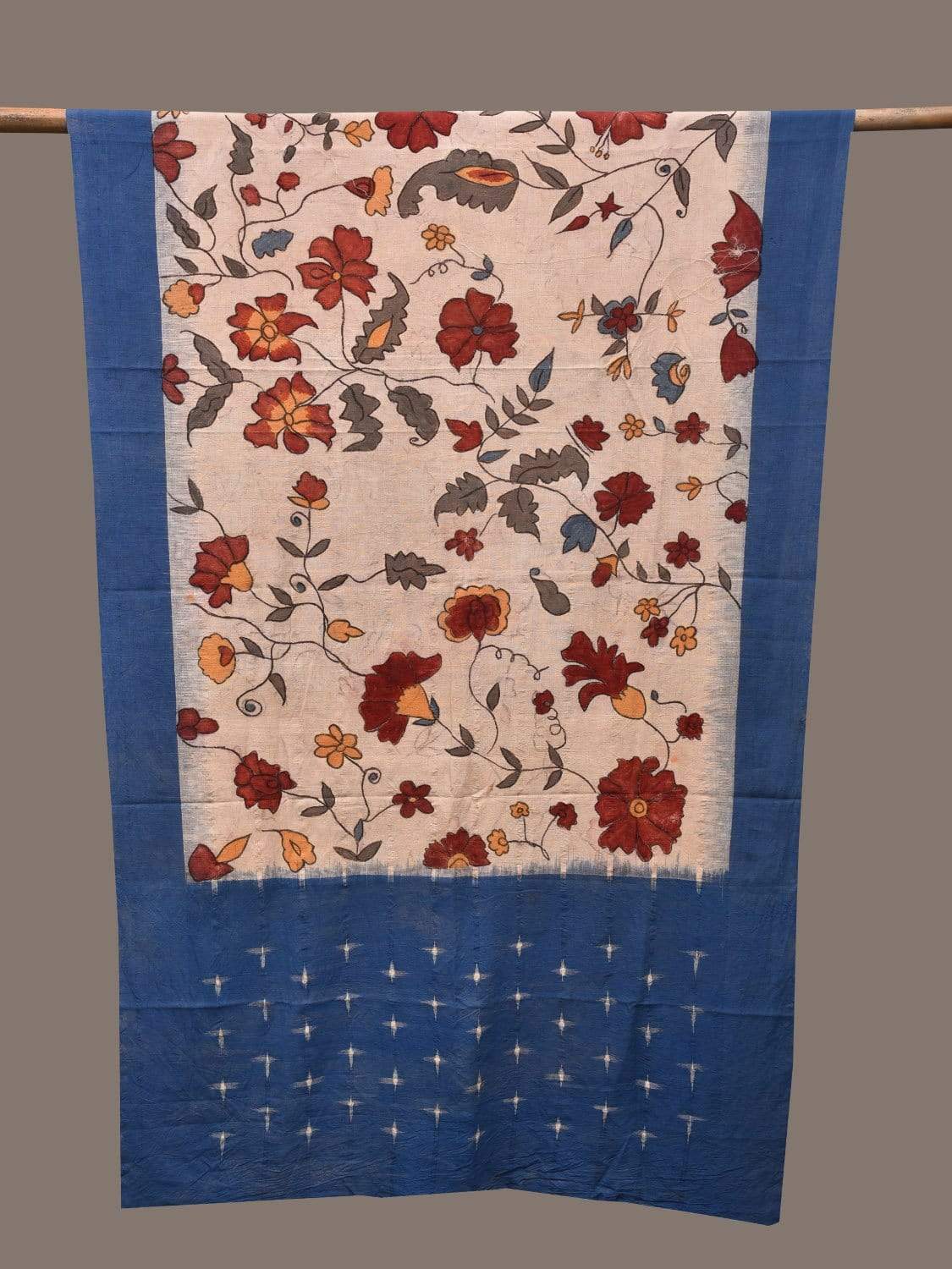 Cream and Blue Kalamkari Hand Painted Ikat Cotton Handloom Dupatta with Floral Design ds2279