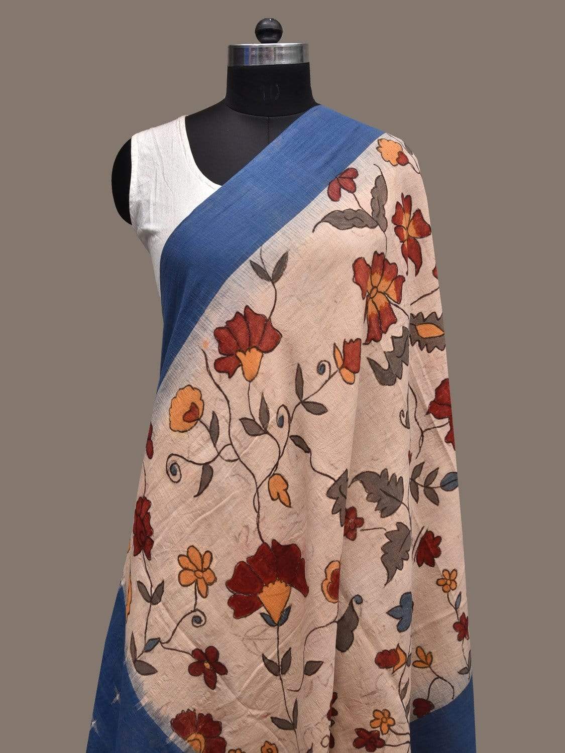 Cream and Blue Kalamkari Hand Painted Ikat Cotton Handloom Dupatta with Floral Design ds2279