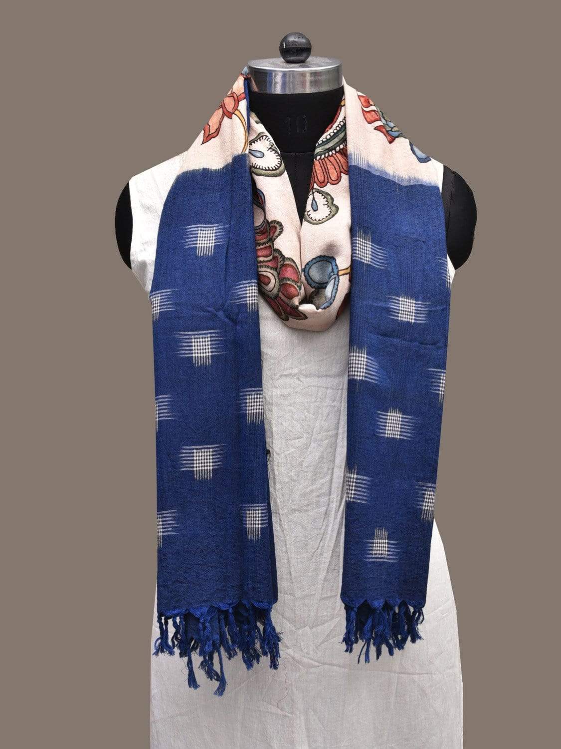 Cream and Blue Kalamkari Hand Painted Ikat Cotton Handloom Dupatta with Floral Design ds2282