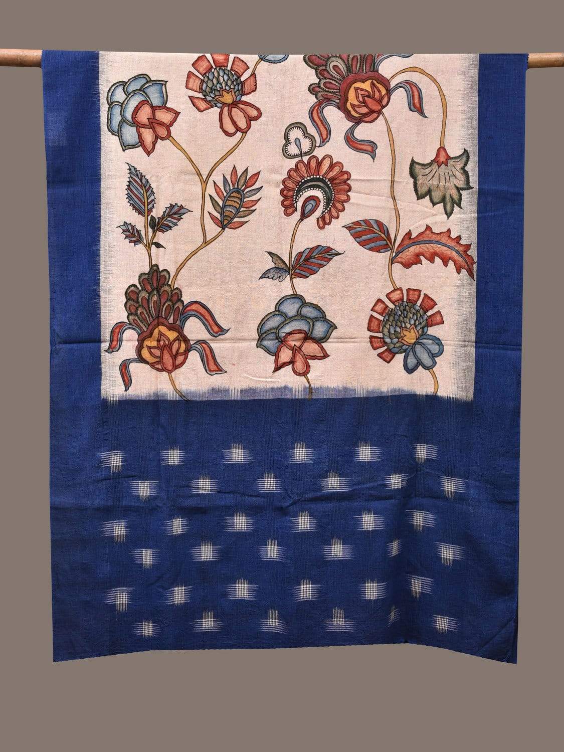 Cream and Blue Kalamkari Hand Painted Ikat Cotton Handloom Dupatta with Floral Design ds2282