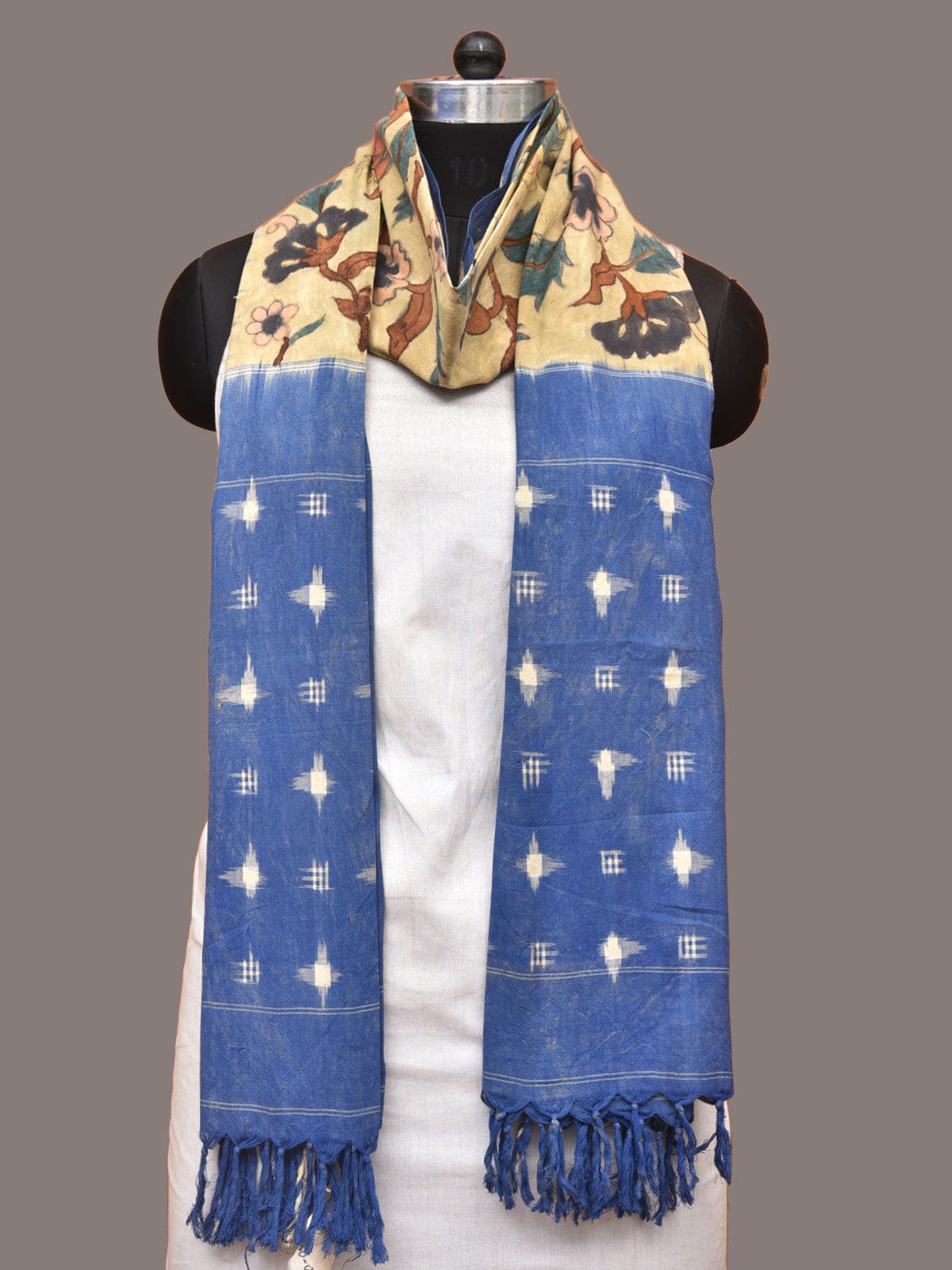 Cream and Blue Kalamkari Hand Painted Ikat Cotton Handloom Dupatta with Floral Design ds3318