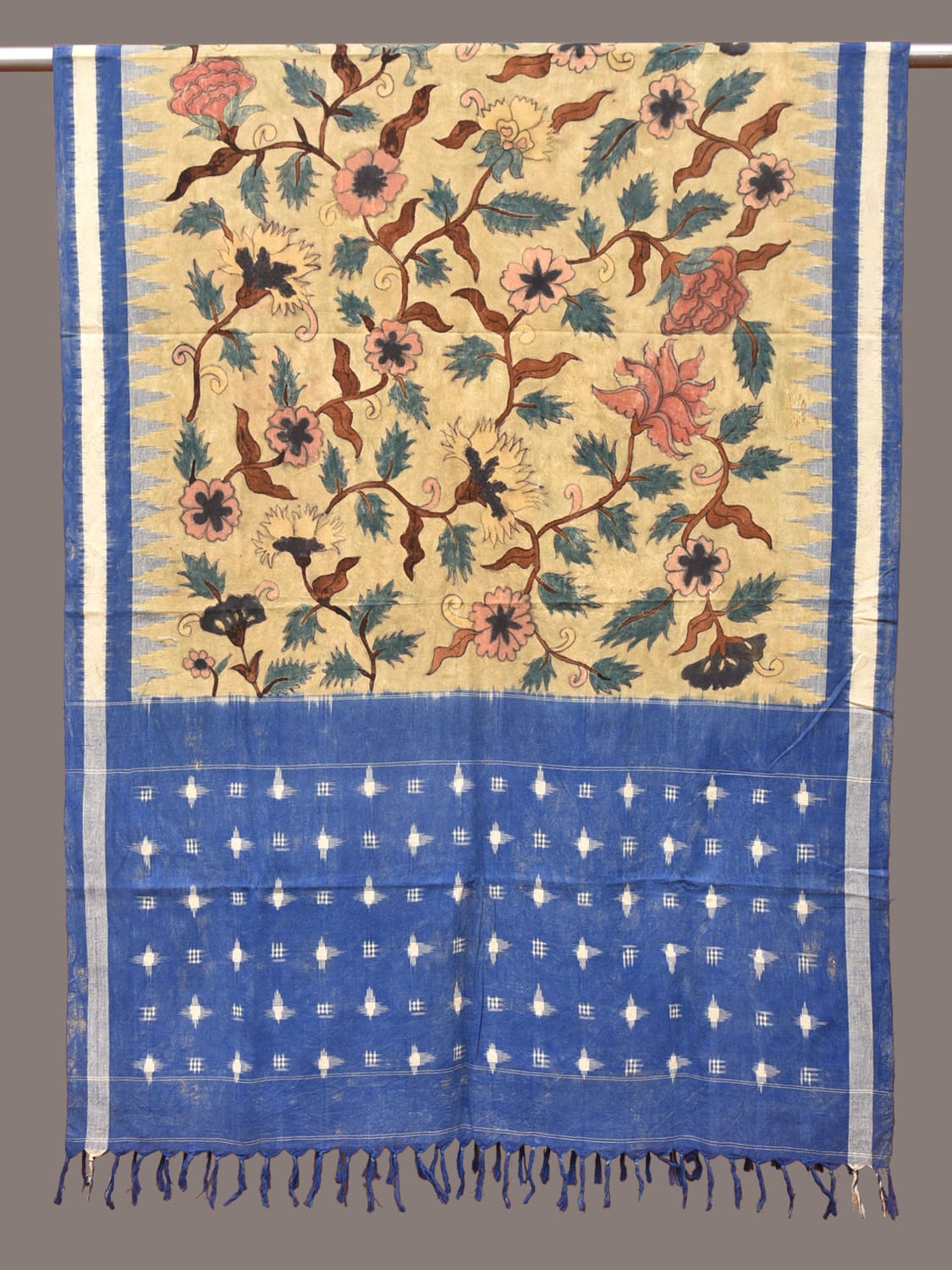 Cream and Blue Kalamkari Hand Painted Ikat Cotton Handloom Dupatta with Floral Design ds3318