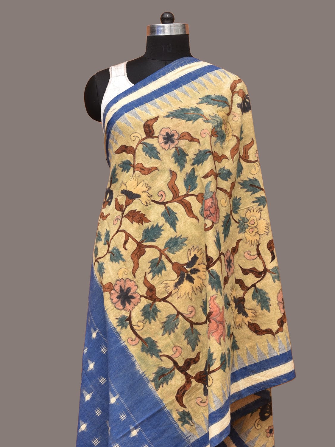 Cream and Blue Kalamkari Hand Painted Ikat Cotton Handloom Dupatta with Floral Design ds3318