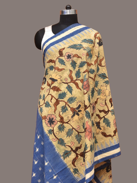 Cream and Blue Kalamkari Hand Painted Ikat Cotton Handloom Dupatta with Floral Design ds3318