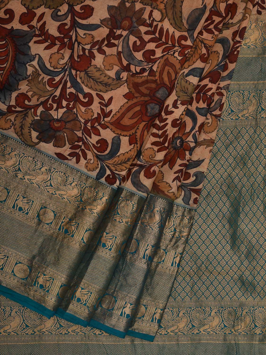 Cream and Blue Kalamkari Hand Painted Kanchipuram Silk Handloom Saree with Exotic Floral Design KL0667