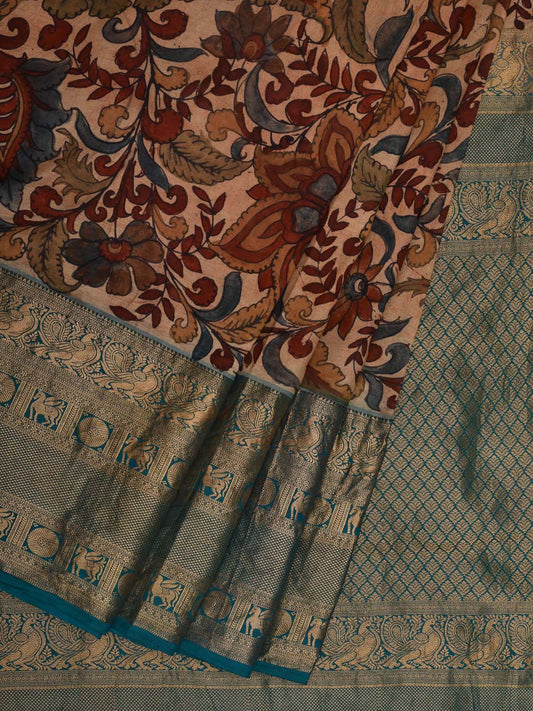 Cream and Blue Kalamkari Hand Painted Kanchipuram Silk Handloom Saree with Exotic Floral Design KL0667