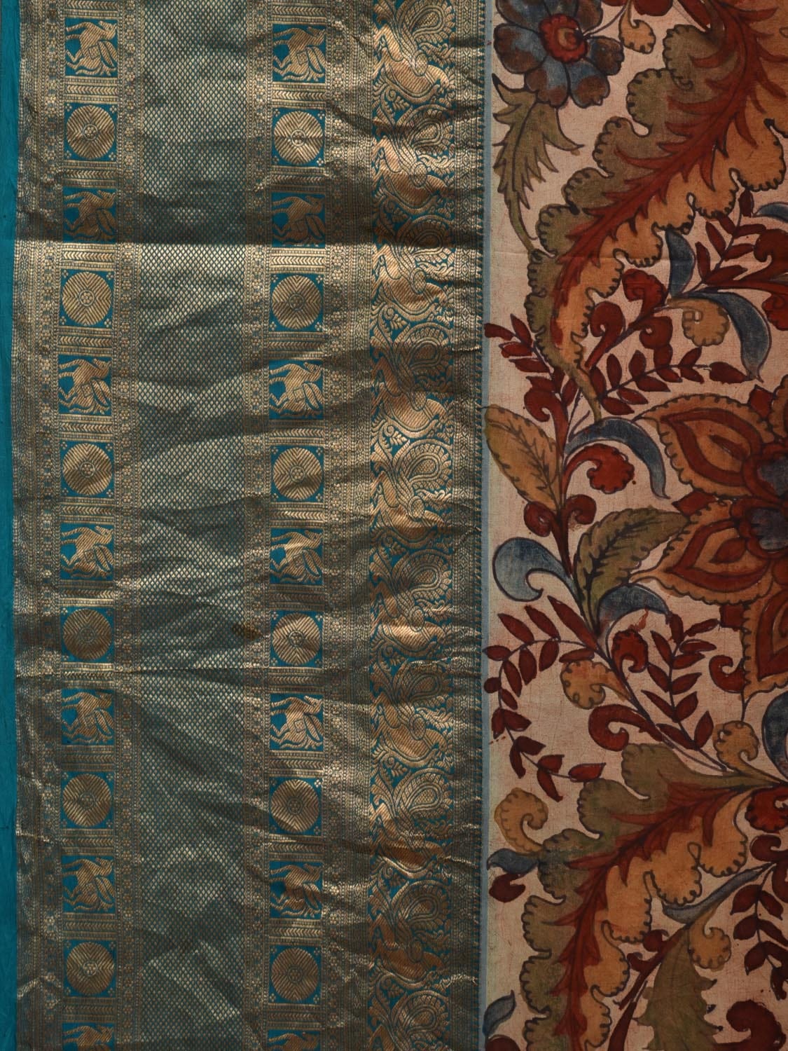 Cream and Blue Kalamkari Hand Painted Kanchipuram Silk Handloom Saree with Exotic Floral Design KL0667