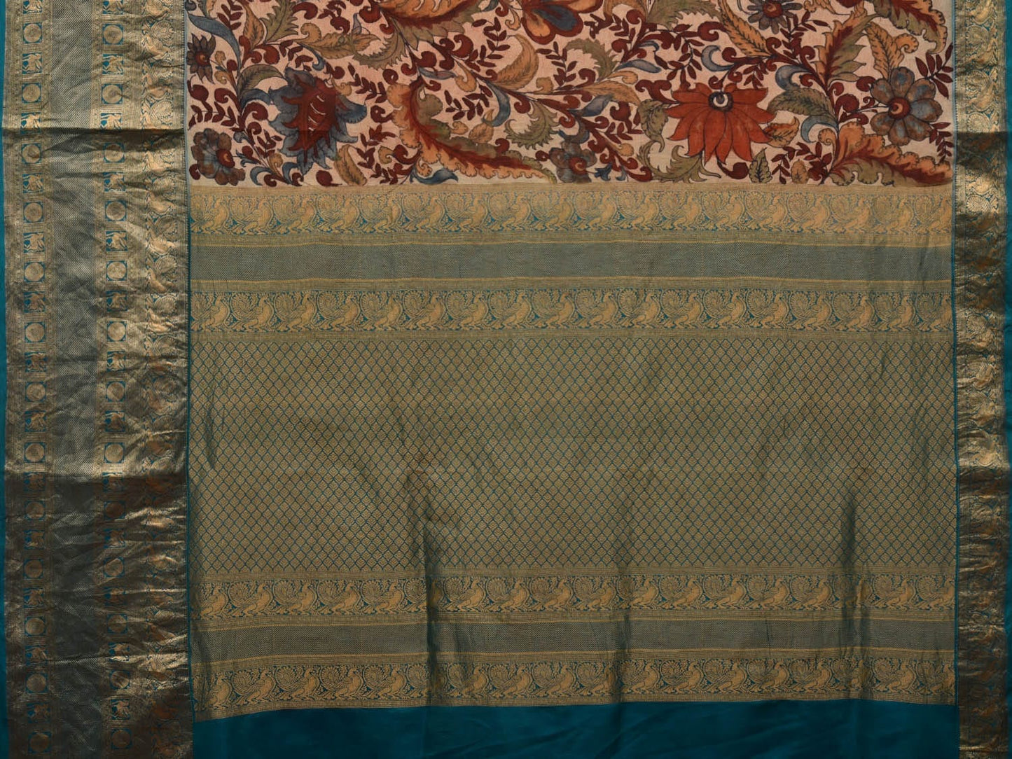 Cream and Blue Kalamkari Hand Painted Kanchipuram Silk Handloom Saree with Exotic Floral Design KL0667