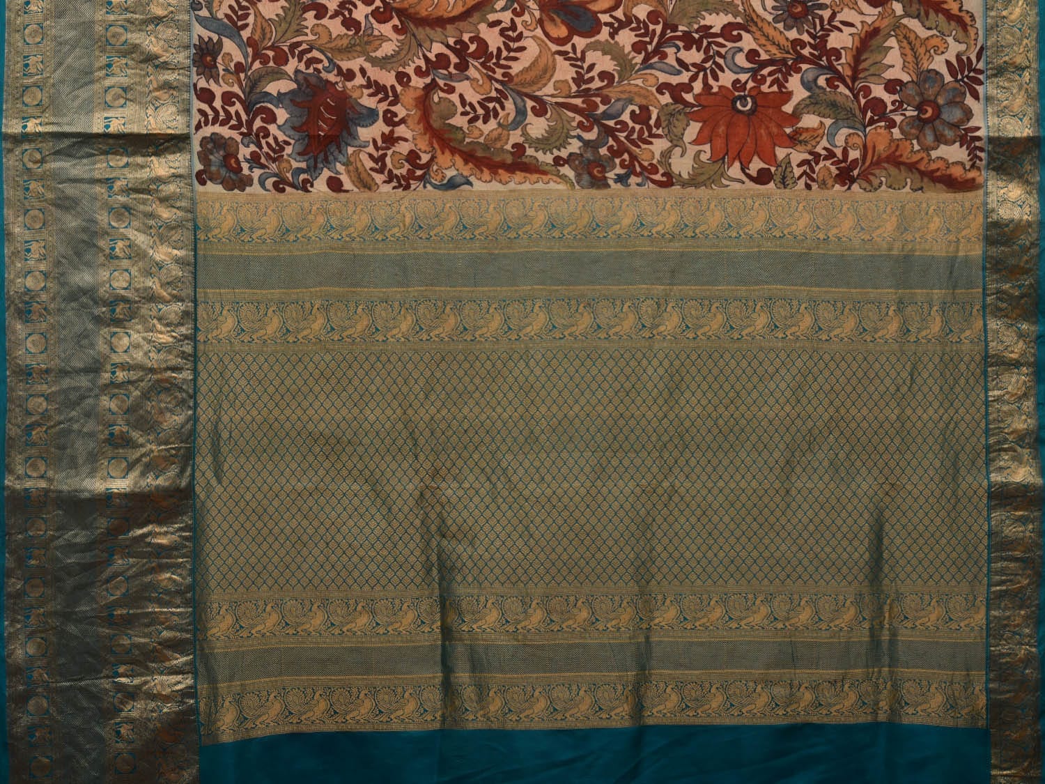 Cream and Blue Kalamkari Hand Painted Kanchipuram Silk Handloom Saree with Exotic Floral Design KL0667