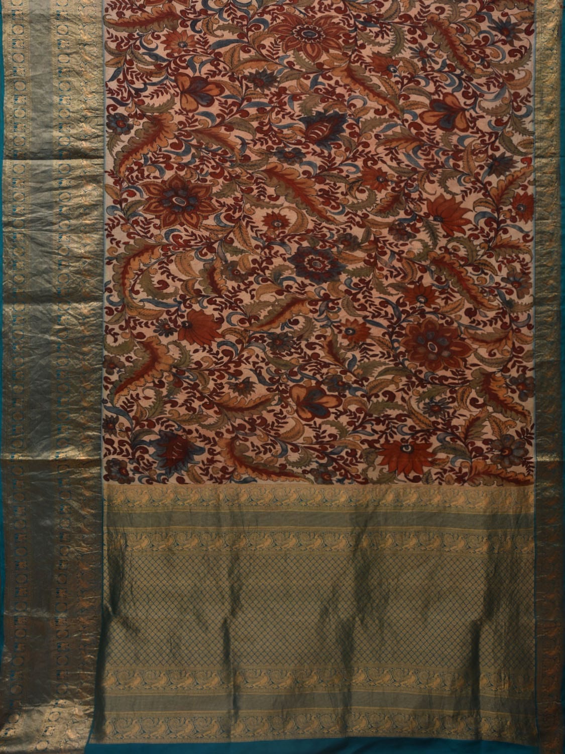 Cream and Blue Kalamkari Hand Painted Kanchipuram Silk Handloom Saree with Exotic Floral Design KL0667