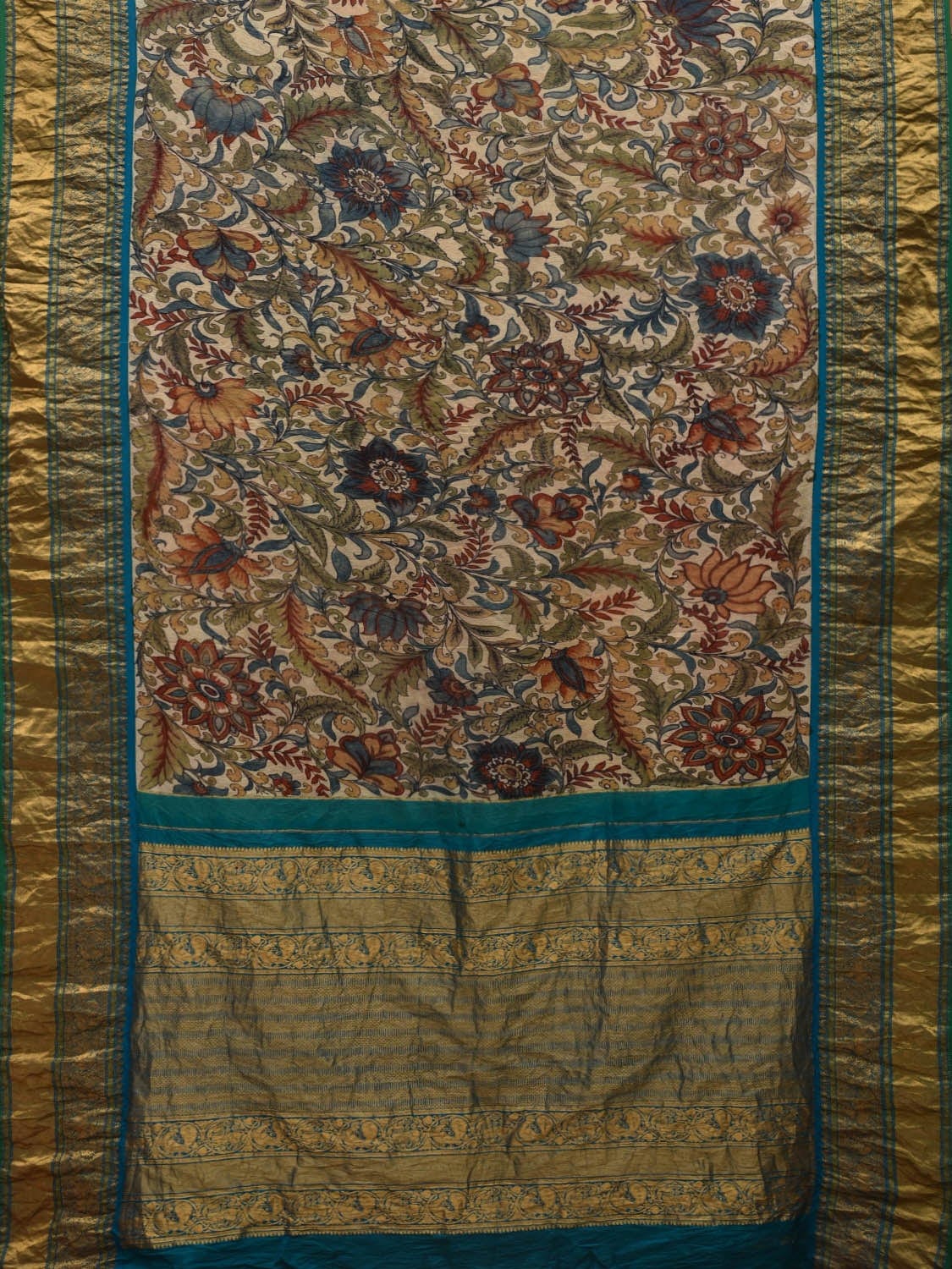 Cream and Blue Kalamkari Hand Painted Kanchipuram Silk Handloom Saree with Floral and Leaves Design KL0590