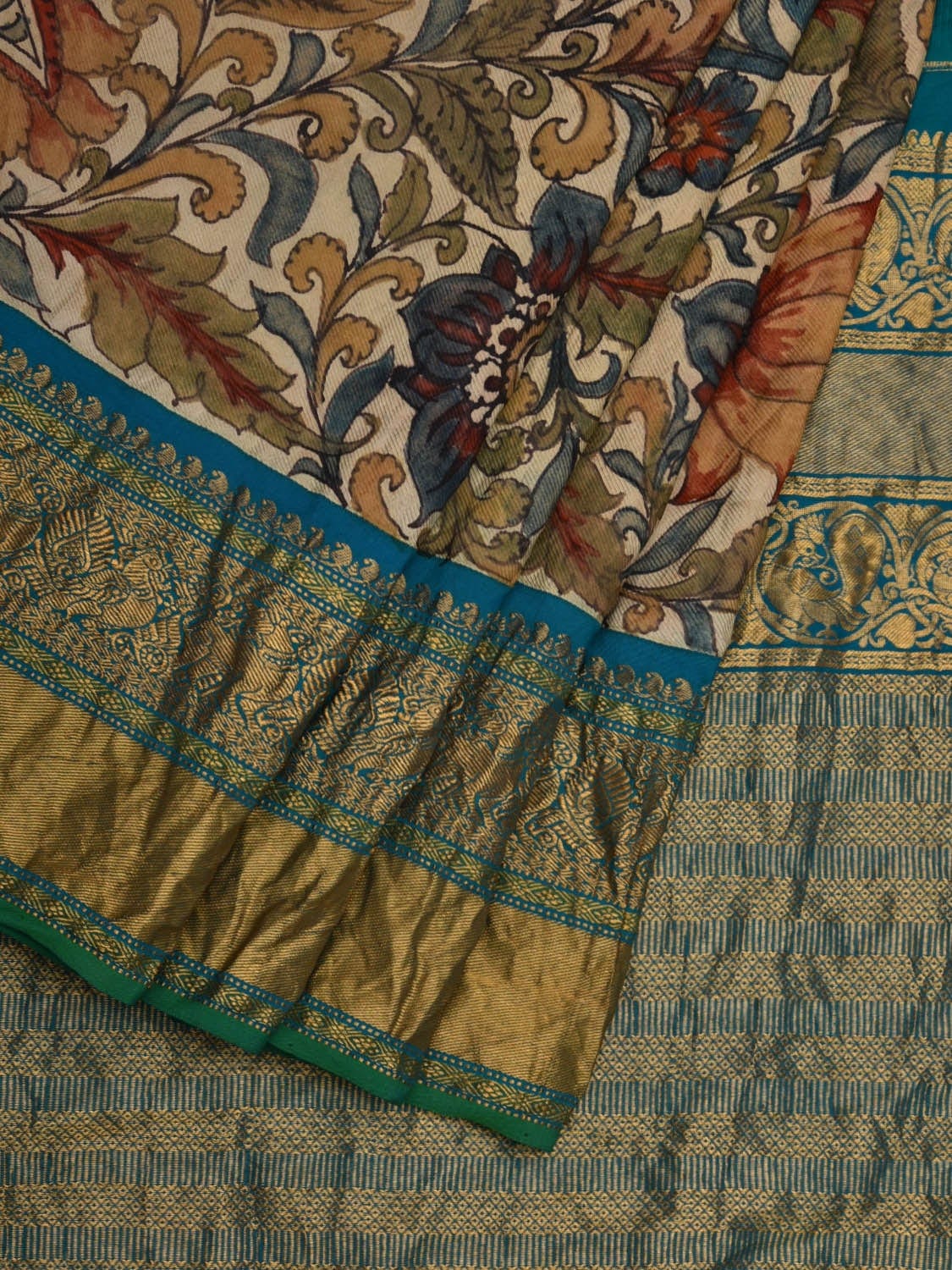 Cream and Blue Kalamkari Hand Painted Kanchipuram Silk Handloom Saree with Floral and Leaves Design KL0590