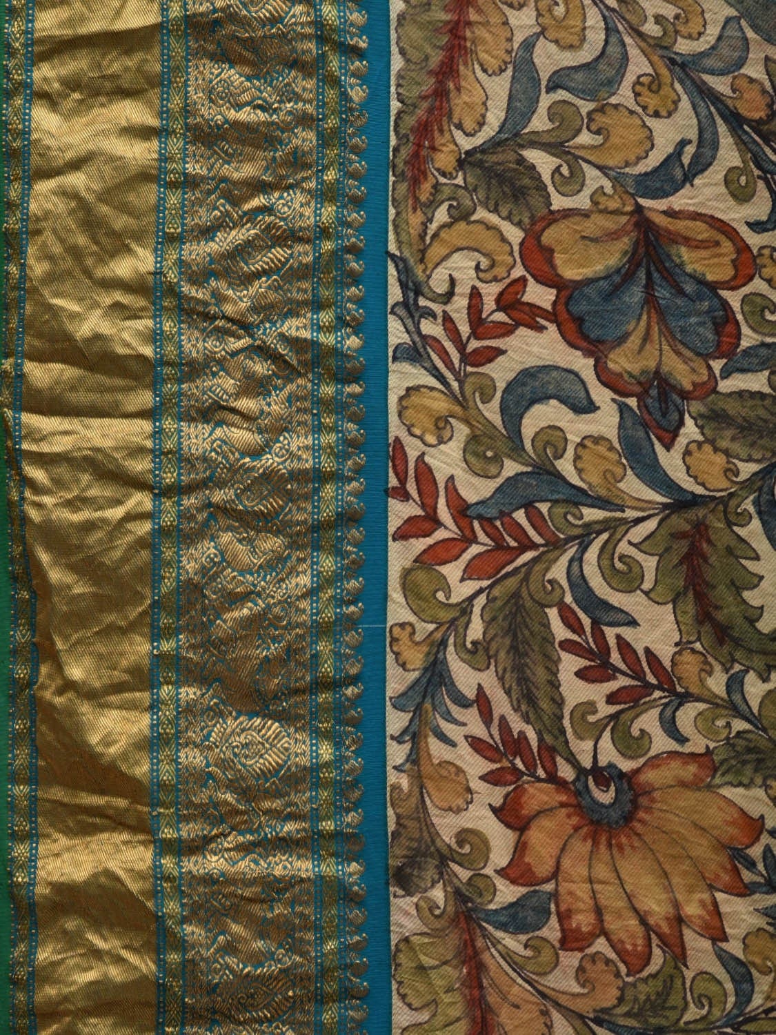 Cream and Blue Kalamkari Hand Painted Kanchipuram Silk Handloom Saree with Floral and Leaves Design KL0590