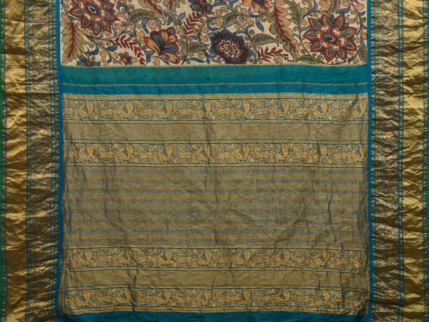 Cream and Blue Kalamkari Hand Painted Kanchipuram Silk Handloom Saree with Floral and Leaves Design KL0590