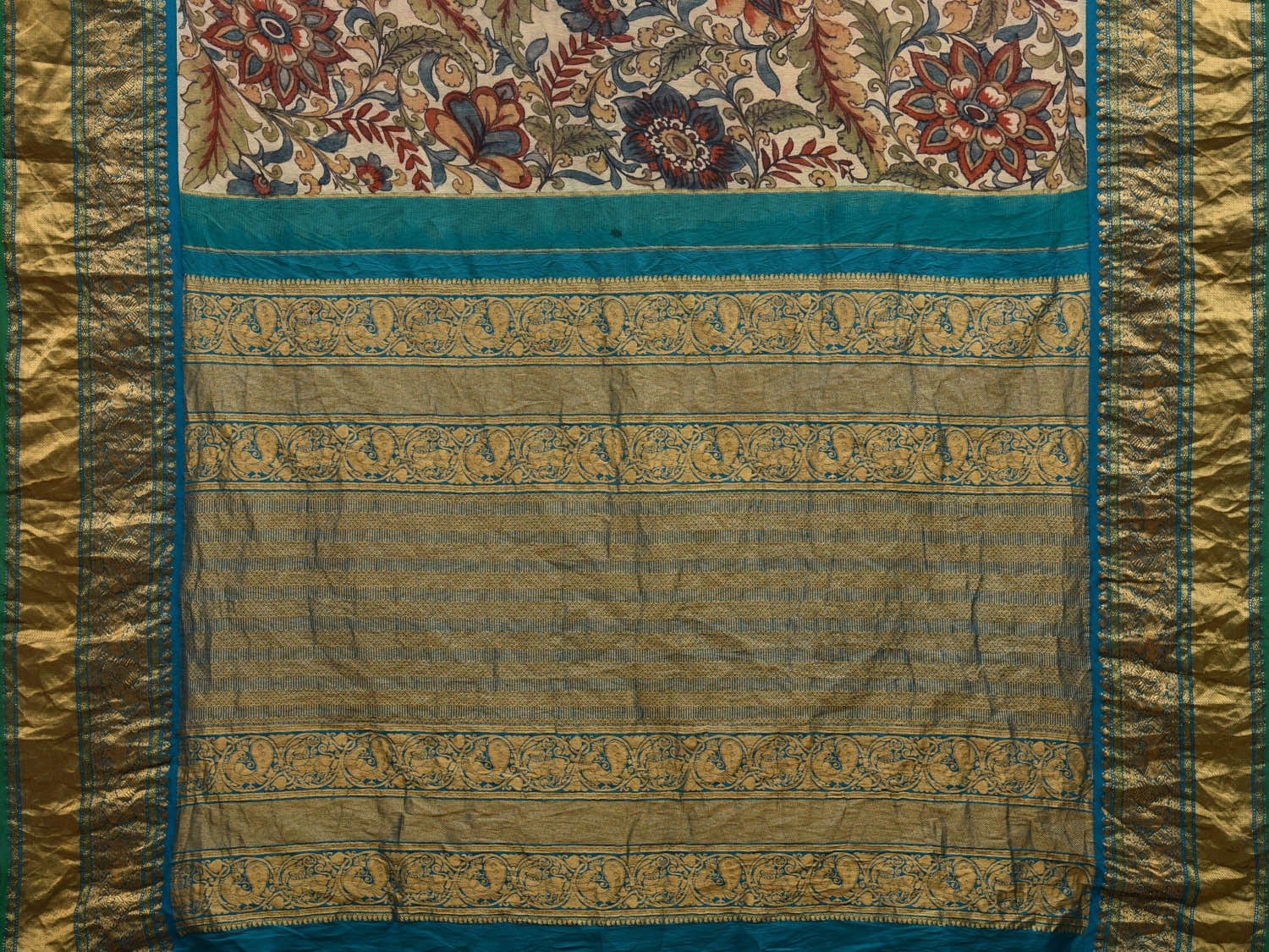 Cream and Blue Kalamkari Hand Painted Kanchipuram Silk Handloom Saree with Floral and Leaves Design KL0590