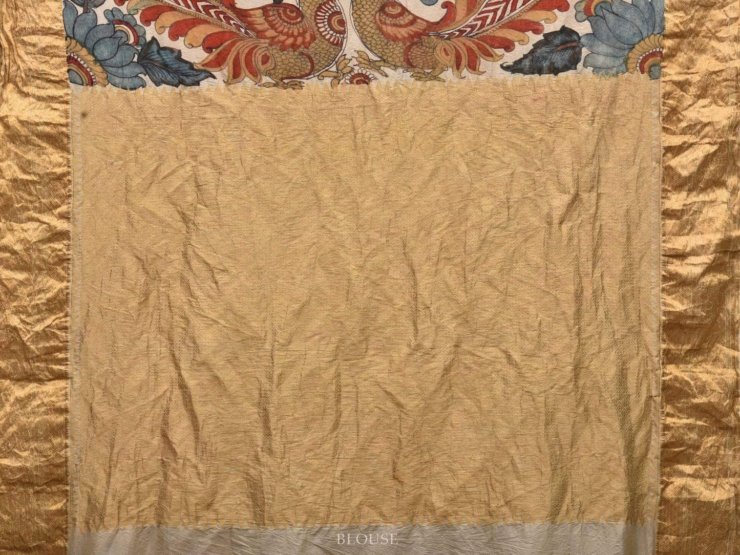 Cream and Blue Kalamkari Hand Painted Kanchipuram Silk Handloom Saree with Peacocks and Floral Design KL0510