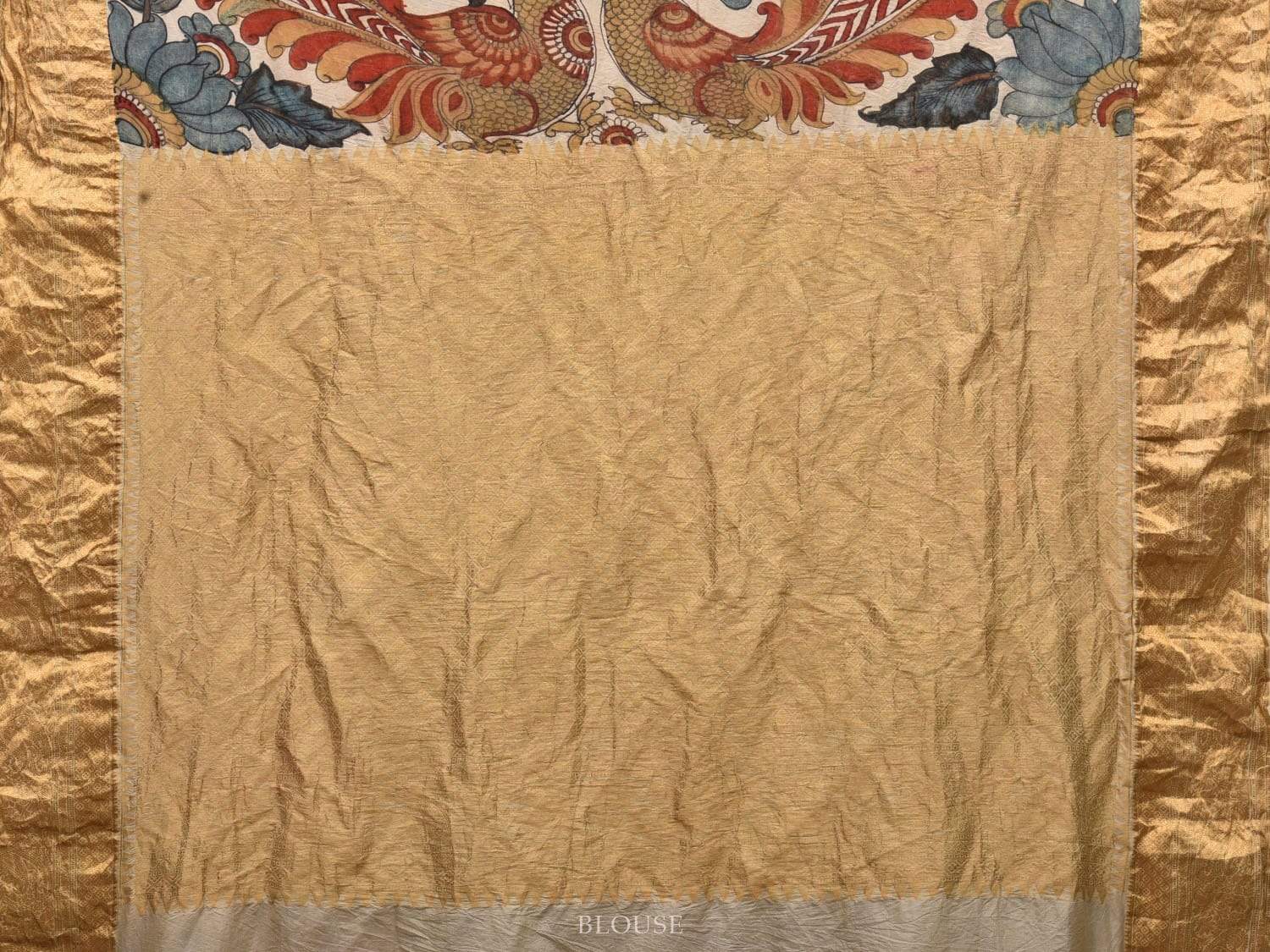 Cream and Blue Kalamkari Hand Painted Kanchipuram Silk Handloom Saree with Peacocks and Floral Design KL0510