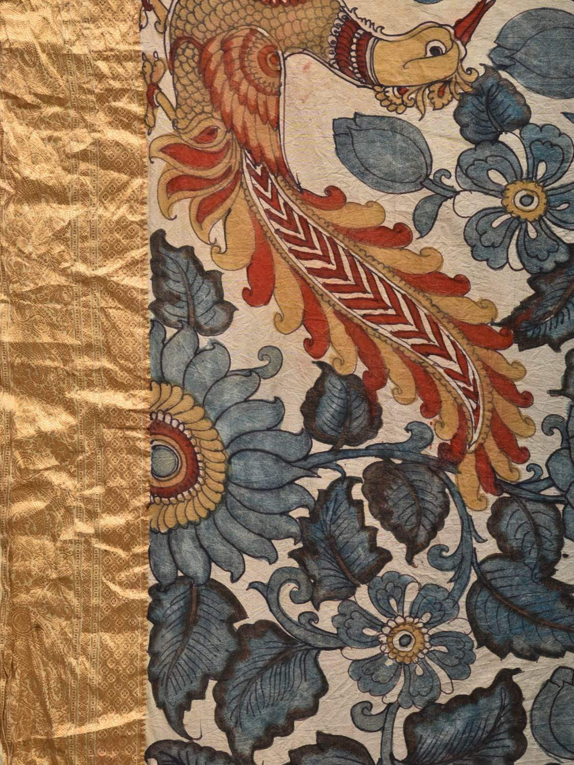 Cream and Blue Kalamkari Hand Painted Kanchipuram Silk Handloom Saree with Peacocks and Floral Design KL0510