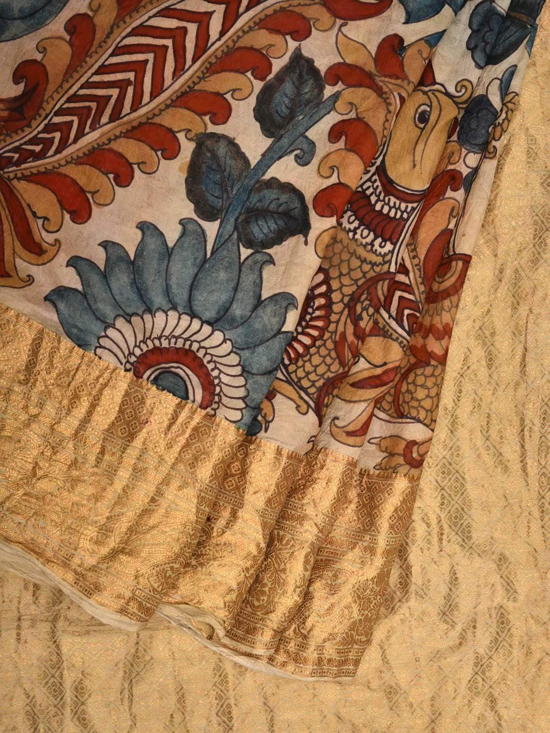 Cream and Blue Kalamkari Hand Painted Kanchipuram Silk Handloom Saree with Peacocks and Floral Design KL0510