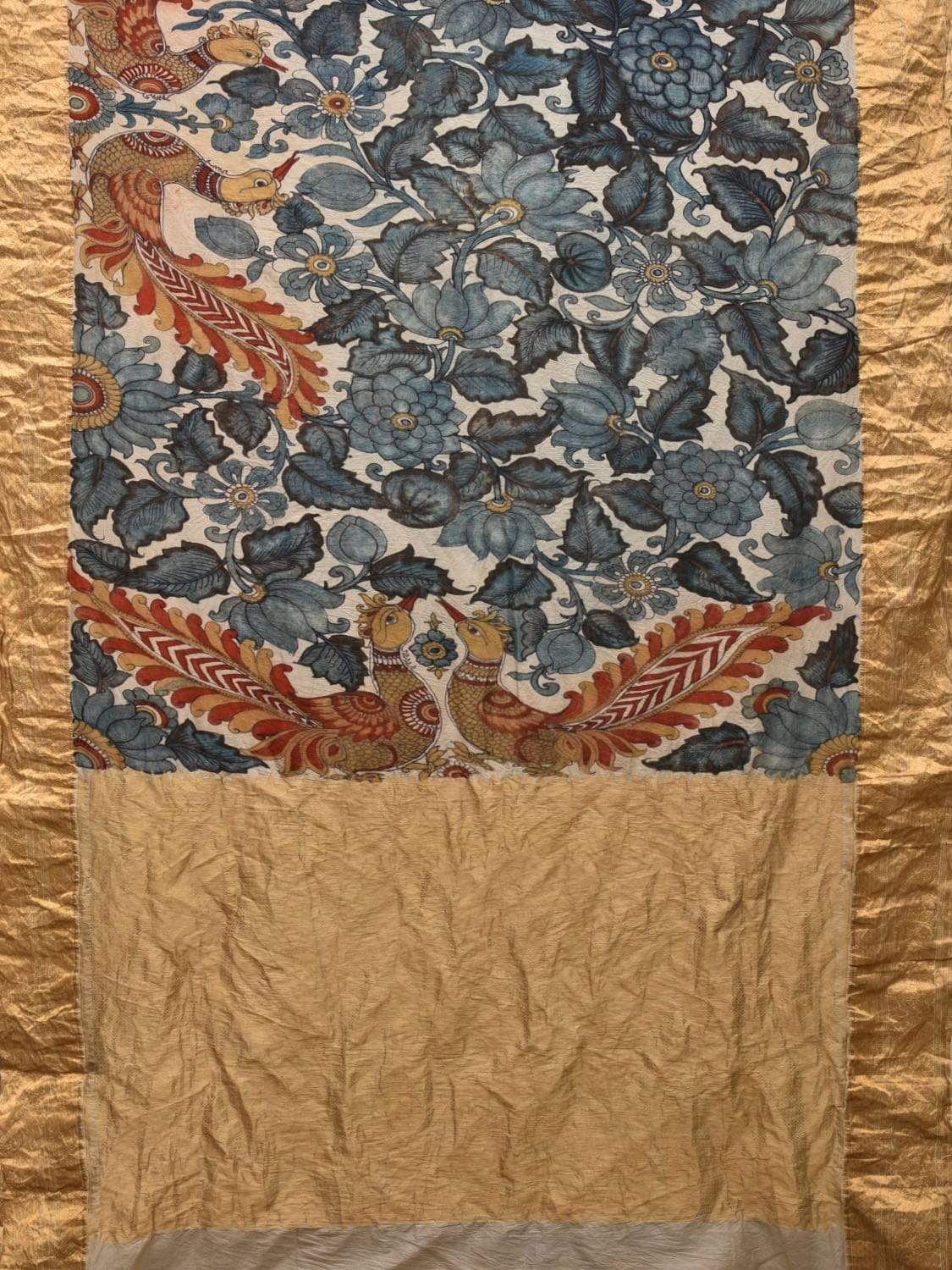 Cream and Blue Kalamkari Hand Painted Kanchipuram Silk Handloom Saree with Peacocks and Floral Design KL0510