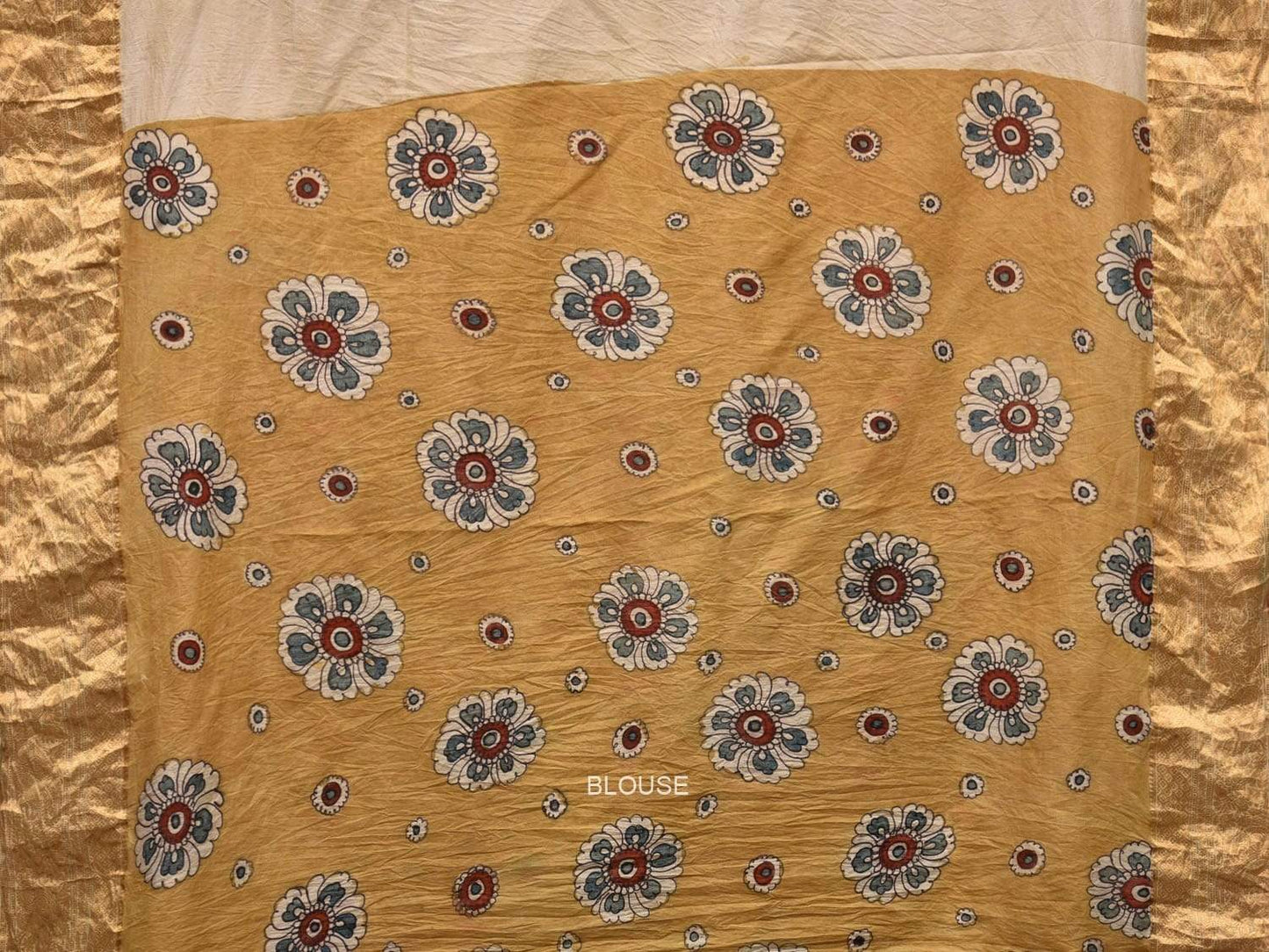 Cream and Blue Kalamkari Hand Painted Kanchipuram Silk Handloom Saree with Peacocks and Floral Design KL0510