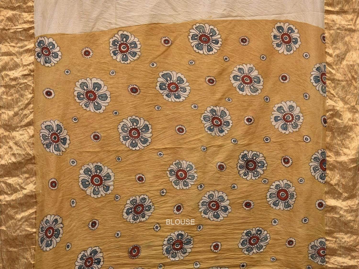 Cream and Blue Kalamkari Hand Painted Kanchipuram Silk Handloom Saree with Peacocks and Floral Design KL0510