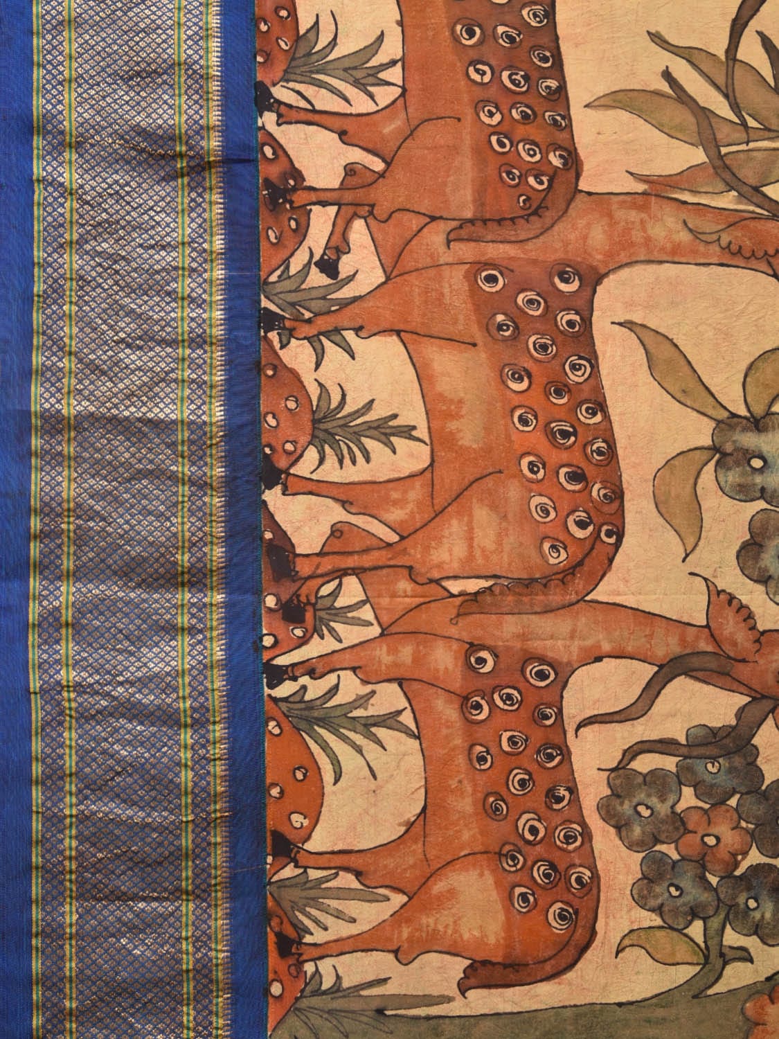 Cream and Blue Kalamkari Hand Painted Paithani Silk Handloom Saree with Pallu and Deers Border Design KL0759