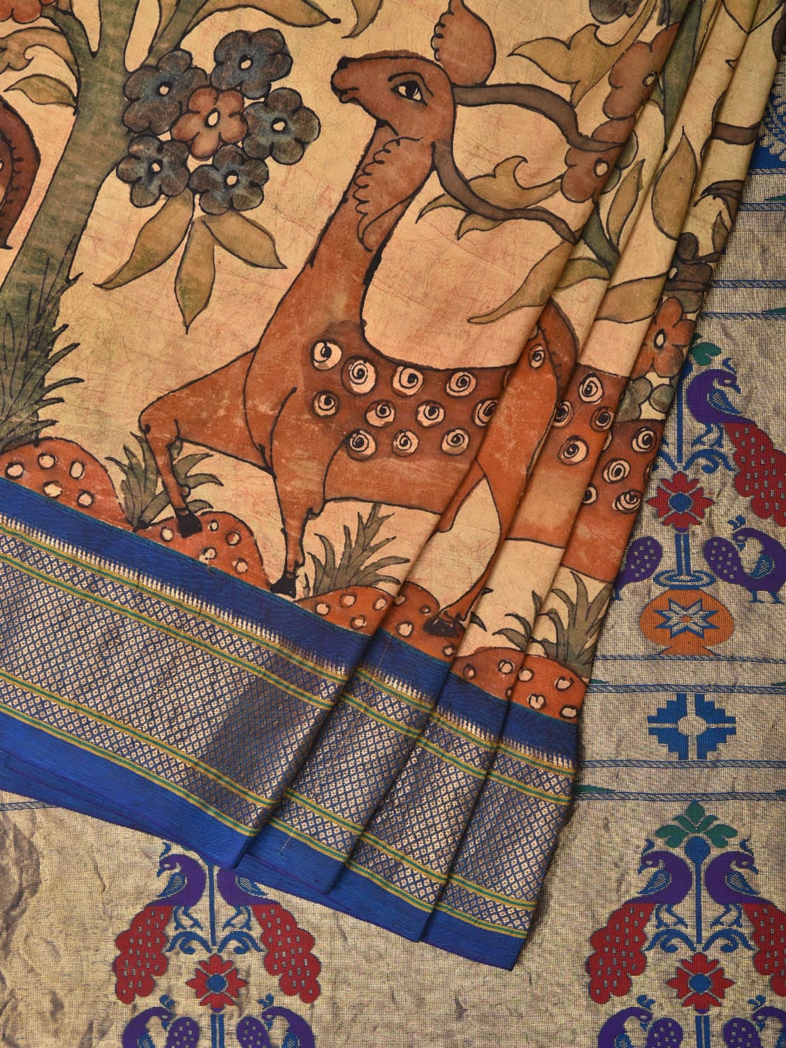 Cream and Blue Kalamkari Hand Painted Paithani Silk Handloom Saree with Pallu and Deers Border Design KL0759