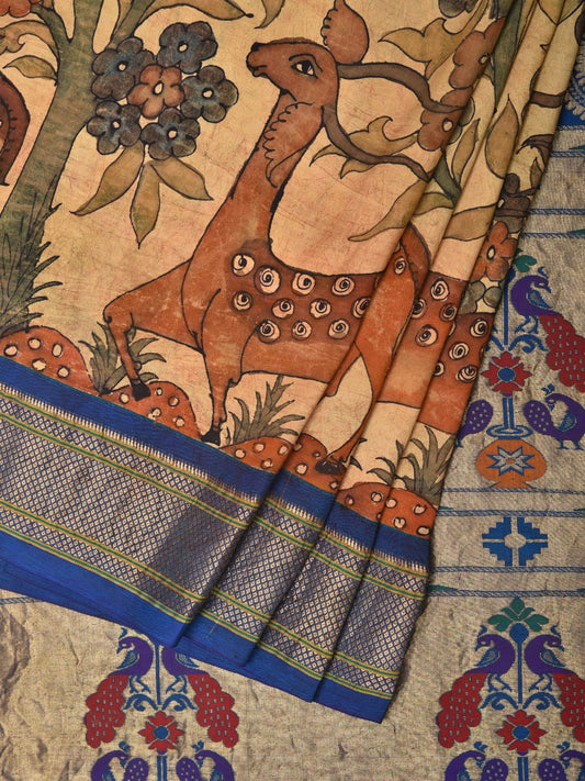 Cream and Blue Kalamkari Hand Painted Paithani Silk Handloom Saree with Pallu and Deers Border Design KL0759