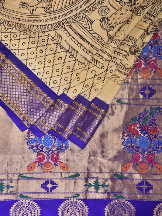 Cream and Blue Kalamkari Hand Painted Paithani Silk Handloom Saree with Ramayana Design KL0753