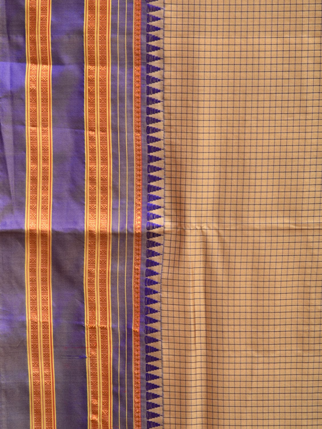 Cream and Blue Narayanpet Silk Handloom Saree with Checks Design No Blouse np0825