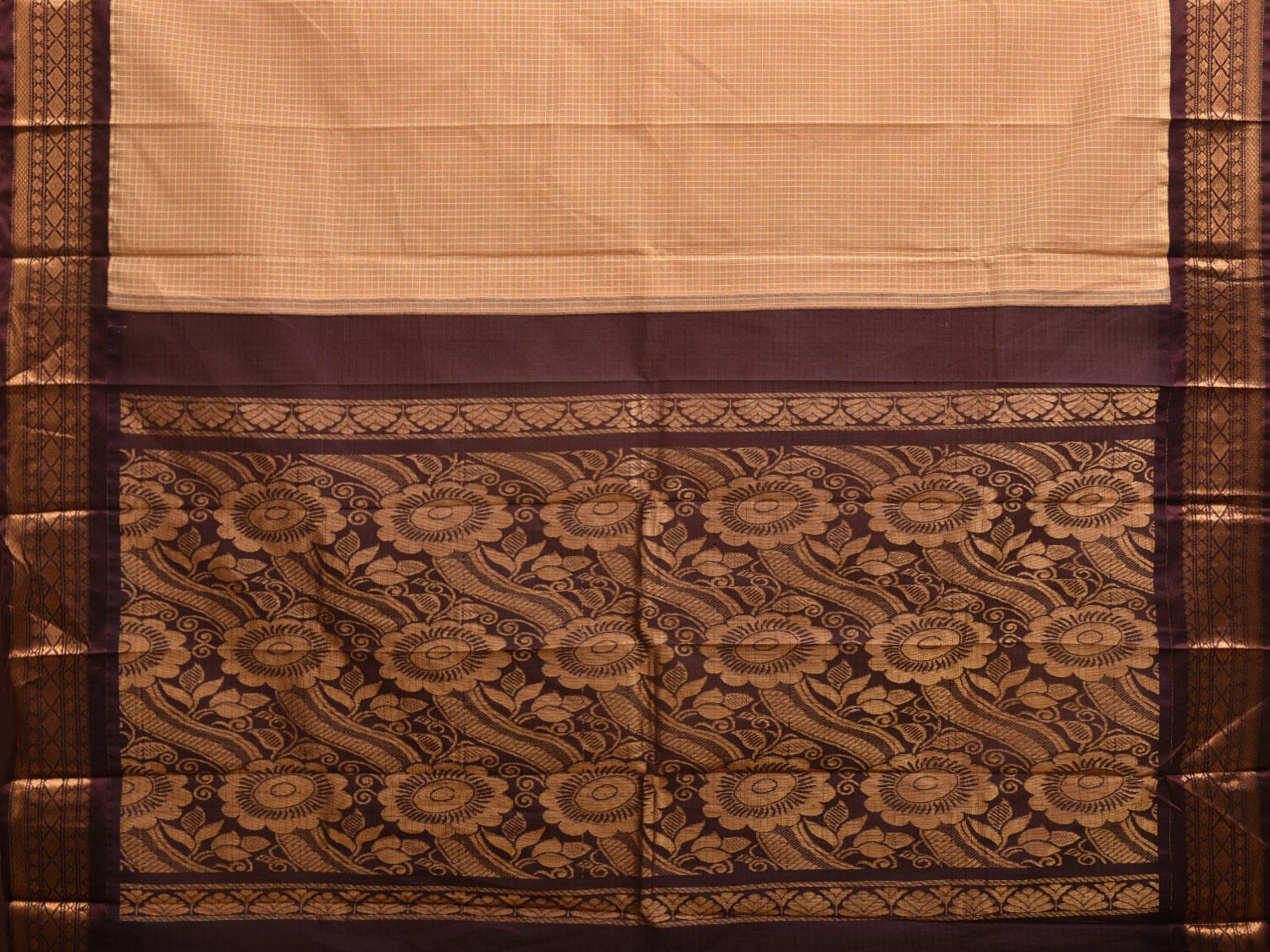 Cream and Brown Gadwal Cotton Handloom Saree with Border and Pallu Design No Blouse g0382