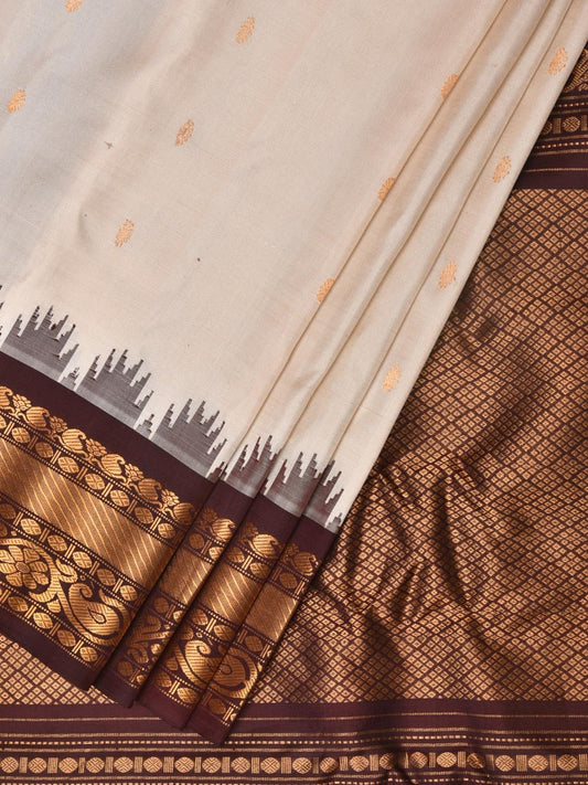 Cream and Brown Gadwal Silk Handloom Saree with Mango Pallu and Border Design g0339