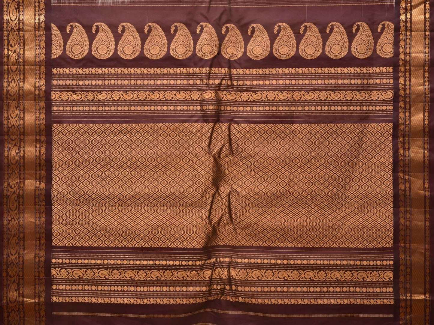 Cream and Brown Gadwal Silk Handloom Saree with Mango Pallu and Border Design g0339