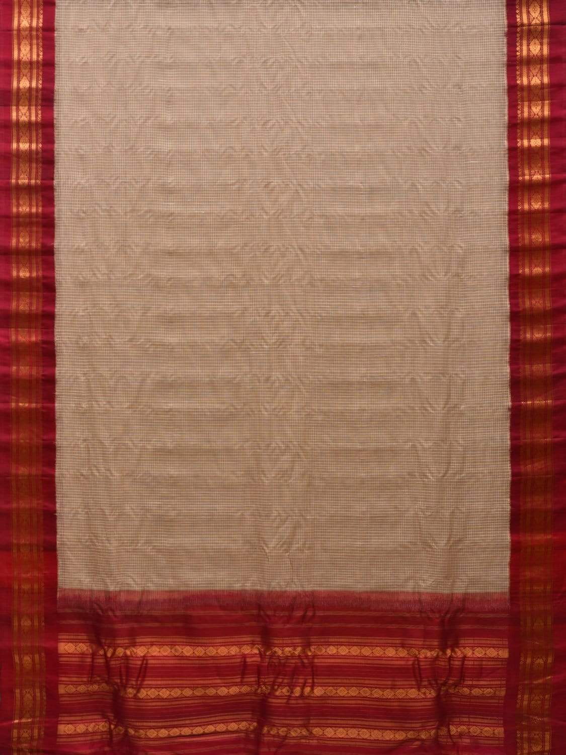 Cream and Burgundy Gadwal Cotton Handloom Saree with Border Design No Blouse g0279