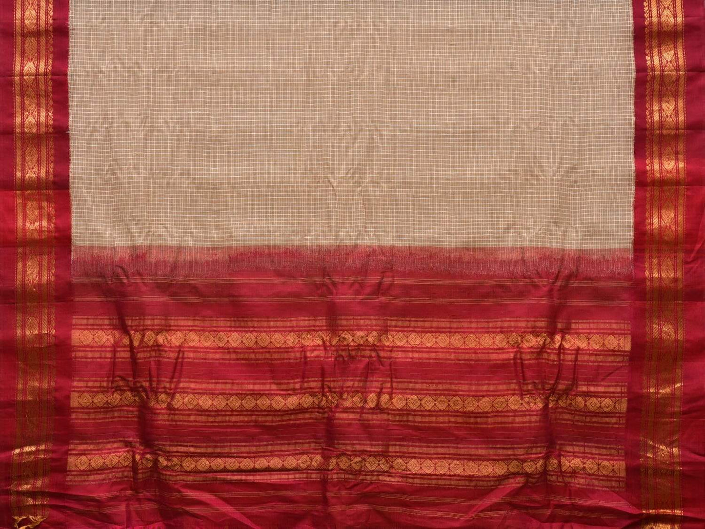 Cream and Burgundy Gadwal Cotton Handloom Saree with Border Design No Blouse g0279