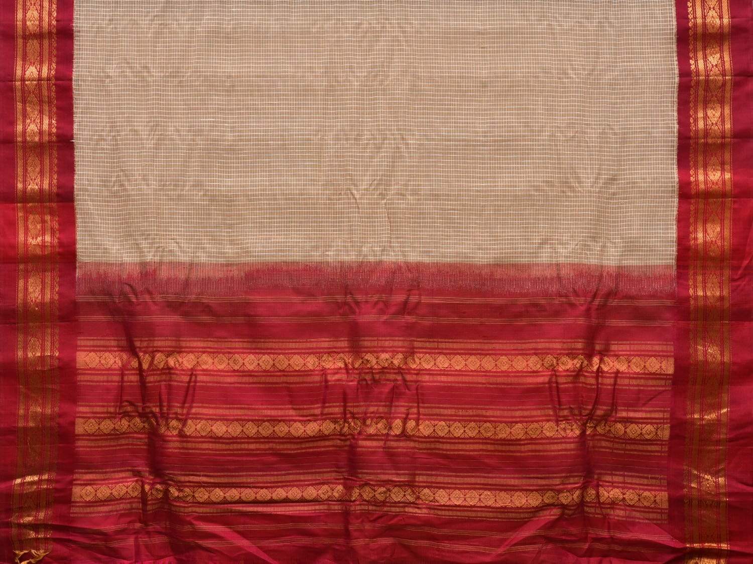 Cream and Burgundy Gadwal Cotton Handloom Saree with Border Design No Blouse g0279