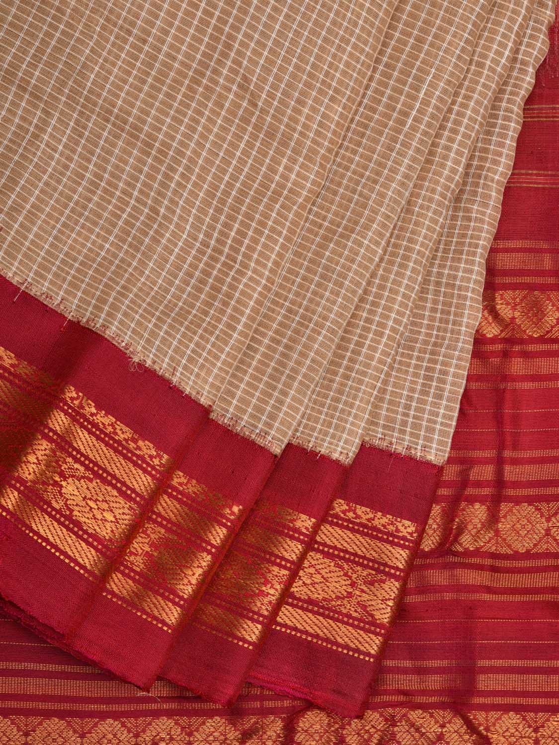 Cream and Burgundy Gadwal Cotton Handloom Saree with Border Design No Blouse g0279