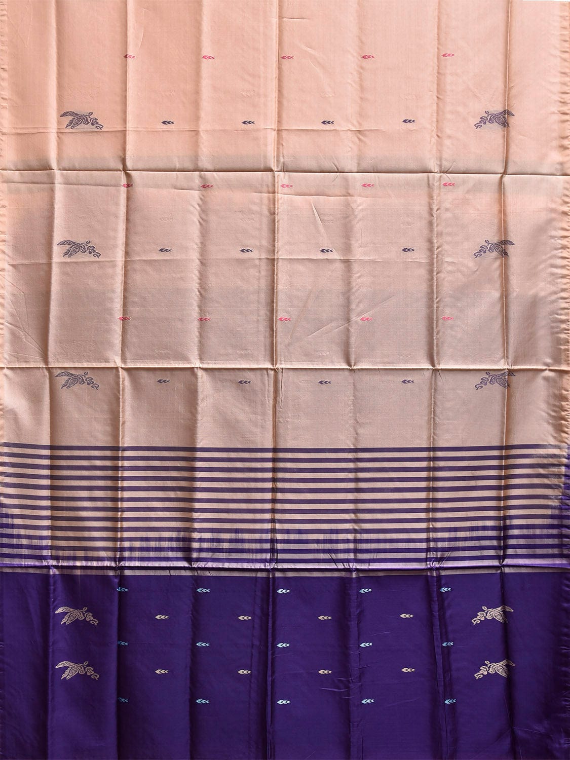 Cream and Dark Blue Banana Silk Saree with Birds Border Buta Design o0682