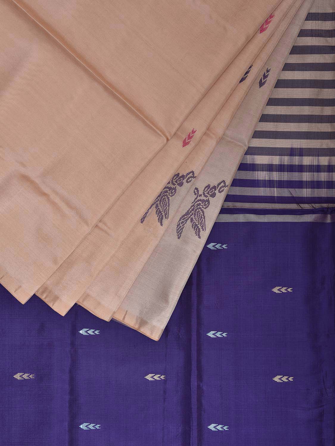 Cream and Dark Blue Banana Silk Saree with Birds Border Buta Design o0682