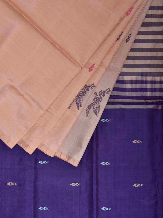 Cream and Dark Blue Banana Silk Saree with Birds Border Buta Design o0682